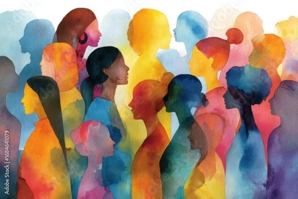Fototapeta Colorful abstract watercolor painting of diverse silhouettes showcasing unity and diversity in a vibrant artistic expression of human connection