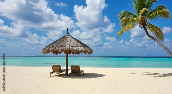 Fototapeta A serene tropical beach paradise with two empty loungers beneath a thatched umbrella and a palm tree swaying gently in the warm breeze under a bright blue sky with scattered clouds
