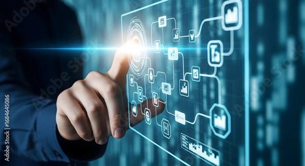 Fototapeta Business professional interacts with futuristic digital interface, managing complex data flow and analytics in real-time.