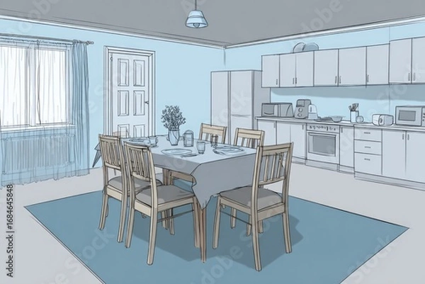 Fototapeta A dining area sketch with a pastel color palette.