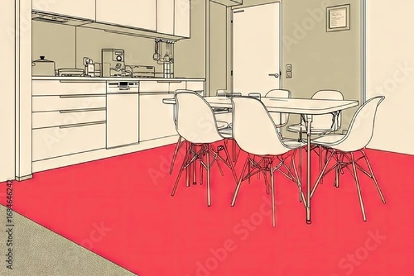Fototapeta Sketch of a kitchen and dining area with a red carpet.