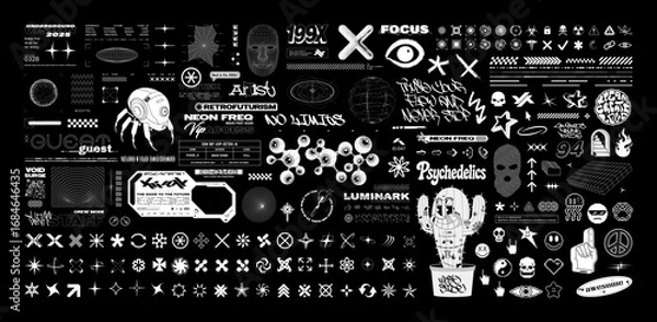 Fototapeta Brutalism and retro futuristic logo, icons, 3d shapes, lettering elements. Retrofuturistic Y2K graphic box with HUD UI elements, icons, logo, stickers. Brutalism and Futurism Aesthetics in Vector Set