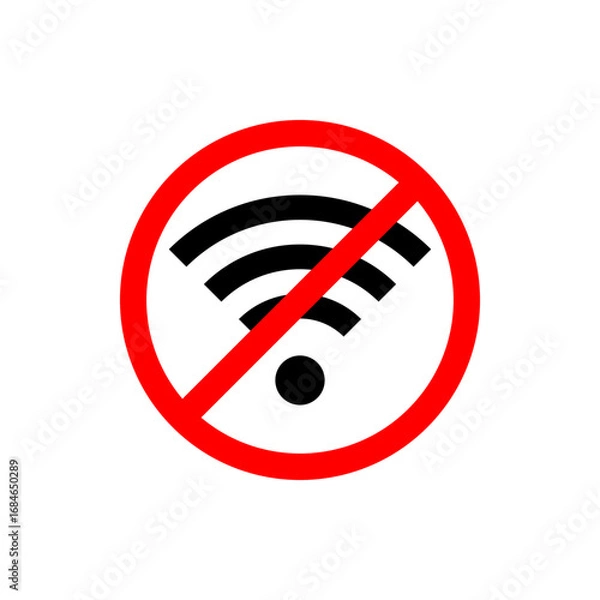 Fototapeta Red prohibition sign crossed out wifi symbol showing disconnected internet access point and offline network hotspot