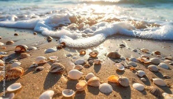 Fototapeta A close-up view of various seashells on a sandy beach at sunrise, showcasing the delicate patterns and textures of the shells, and the soft golden light reflecting on the wet sand.