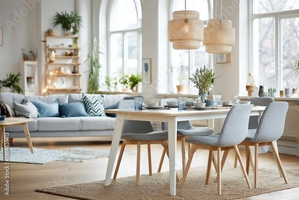 Fototapeta Light and airy dining area with a comfortable sofa.