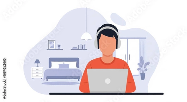 Fototapeta Young person in headphones works on a laptop in a cozy home setting, representing remote work, online learning, or digital communication. Ideal for business, education, and lifestyle concepts.