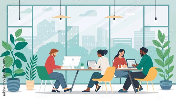 Fototapeta Diverse professionals collaborating in a modern, plant-filled office with a city view, embodying teamwork, productivity, and a positive work environment.
