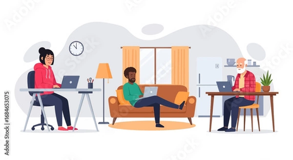 Fototapeta Diverse individuals working from home on laptops, illustrating remote work flexibility, productivity, and modern lifestyle trends across different generations.