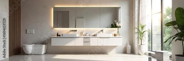 Fototapeta Modern minimalist bathroom featuring a large vanity mirror reflecting sleek fixtures and clean lines  The spacious room showcases contemporary design and high-end finishes ,  sleek,  white,  upscale