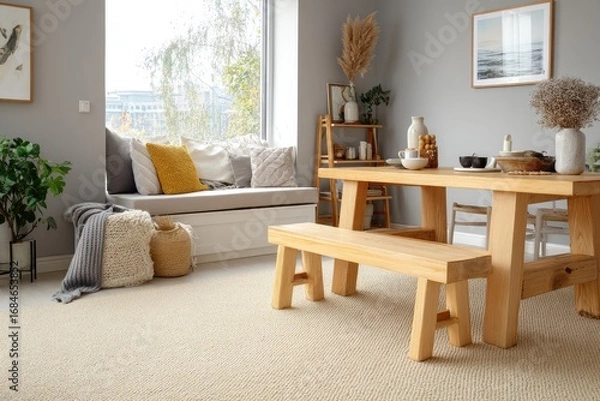 Fototapeta A light-filled dining area with a large wooden table and bench.