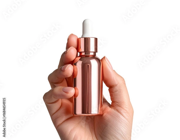 Fototapeta Hand Holding Rose Gold Dropper Bottle with Pipette Isolated on Transparent Background