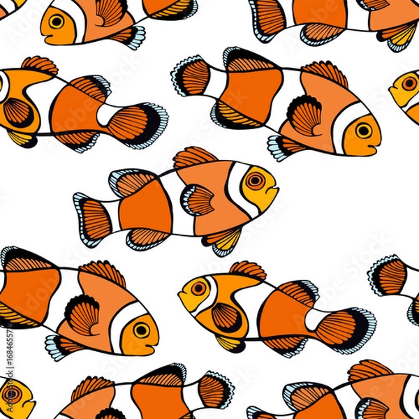 Obraz Clownfish. Colored hand drawn silhouettes on white.  Stylish seamless pattern on marine theme. Perfect for design templates, wallpaper, wrapping, fabric, print and textile. 
