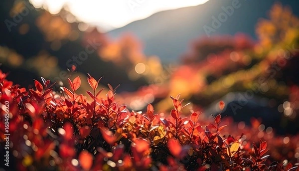 Fototapeta Close-up view of vibrant red foliage, bathed in the warm glow of sunlight, with a soft focus on the background of autumnal colors.