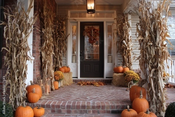Fototapeta Autumn porch decorated with pumpkins and cornstalks showcasing fall harvest elements in a charming suburban neighborhood