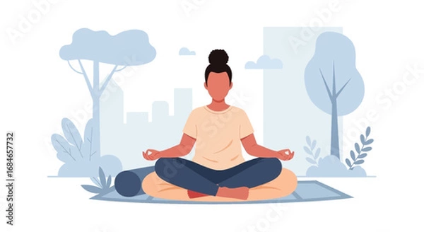Fototapeta Woman meditating peacefully in a park setting, practicing mindfulness for relaxation and mental well-being. Ideal for health, lifestyle, and self-care content.