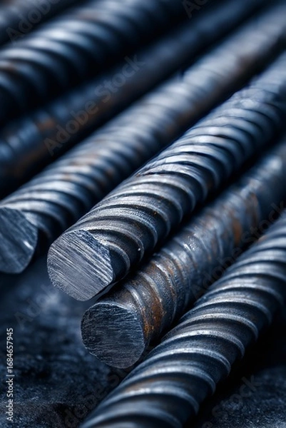 Fototapeta Close-up view of steel rebar showing texture and detail in a construction setting during daylight hours