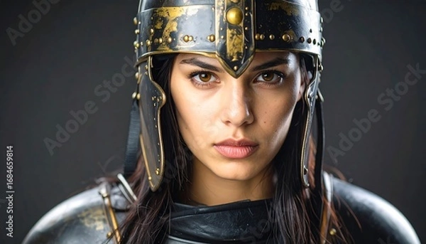 Fototapeta Close-up portrait of a woman wearing ancient-style armor, showcasing a determined and powerful expression against a dark backdrop.