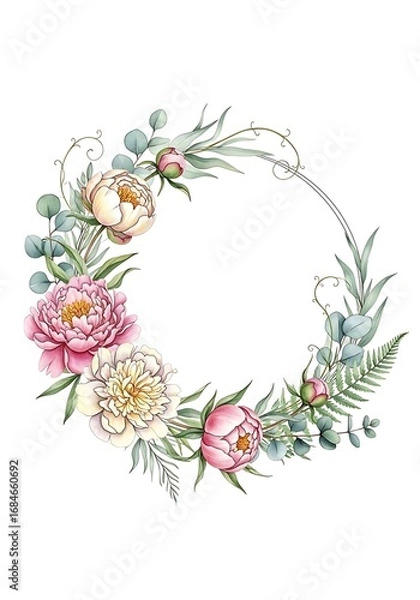 Fototapeta Watercolor Peony and Eucalyptus Wreath with Delicate Ferns and Silver Frame