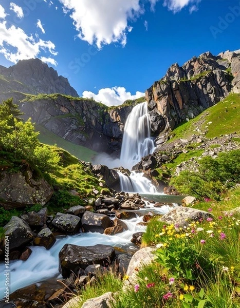 Fototapeta A breathtaking mountain waterfall cascades down rocky cliffs into a serene stream, surrounded by vibrant wildflowers and lush greenery, bathed in the sunlight of a clear summer day.