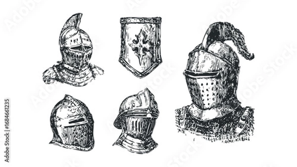 Fototapeta Collection of Medieval Knight Helmets and Shield in Sketch Style. Vector hand drawn illustration