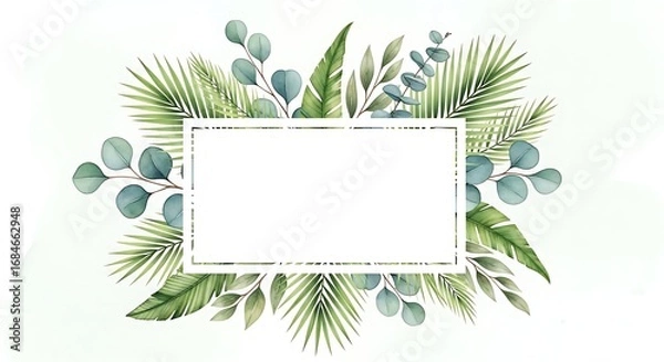 Fototapeta Watercolor Tropical Foliage Frame with Eucalyptus and Palm Leaves on White