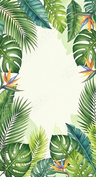 Fototapeta Watercolor Tropical Foliage Frame with Bird of Paradise Flowers and Greenery
