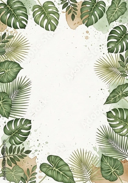 Fototapeta Watercolor Tropical Foliage Frame with Monstera and Palm Leaves on Textured White