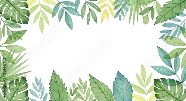 Fototapeta Watercolor Tropical Foliage Frame with Monstera and Palm Leaves on White Background
