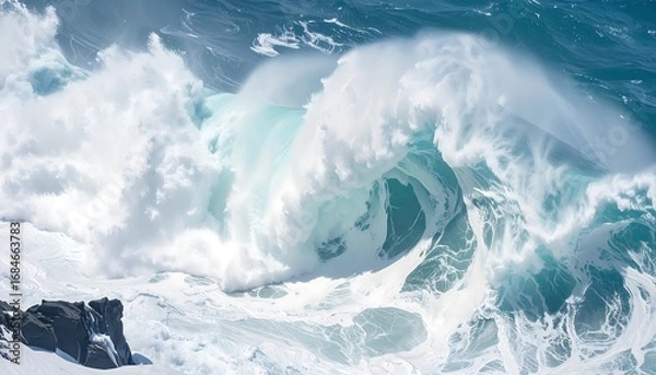 Fototapeta Powerful ocean wave crashes against the shore, showcasing a dramatic display of nature's force and beauty.