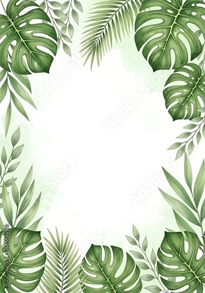 Fototapeta Watercolor Tropical Foliage Frame with Monstera Leaves and Greenery on White Background
