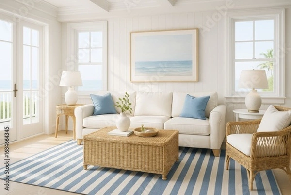 Fototapeta Coastal-inspired living room with white sofa, wicker furniture, and ocean view through bright windows in serene beach house interior design style. Ai generative