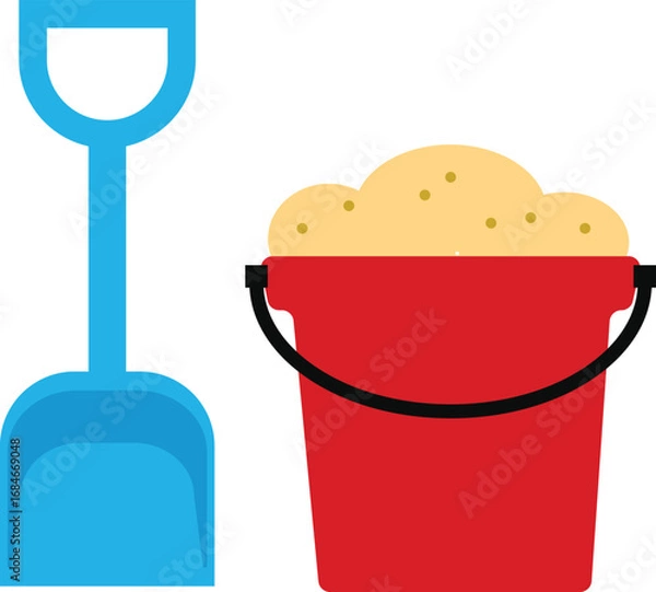 Fototapeta Bucket and spade with sand icon. Kid toys tools symbol. Pail shovel label, bucket and spade sign. flat style.