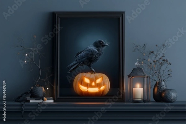 Fototapeta Spooky Halloween decor featuring a black crow perched on a carved pumpkin in a dimly lit room with a flickering lantern