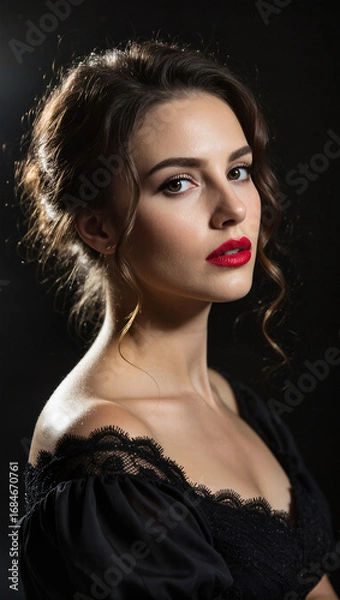 Obraz Retro Glamour Woman Portrait with Red Lipstick on Black Background