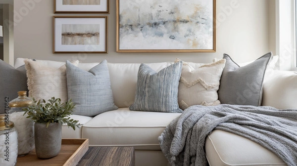Fototapeta Cozy living room scene featuring a white sectional sofa adorned with decorative pillows, a soft throw blanket, and framed artwork on the wall, creating a warm and inviting atmosphere