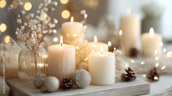 Fototapeta Softly glowing candles arranged on a wooden surface, surrounded by decorative ornaments and delicate flowers, creating a warm and inviting ambiance for festive celebrations