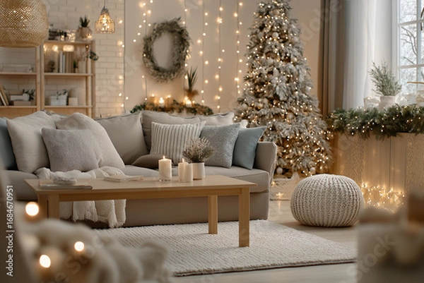 Fototapeta Cozy living room decorated for the holidays, featuring a plush sofa, candles, and a beautifully adorned Christmas tree, creating a warm and inviting atmosphere for festive gatherings