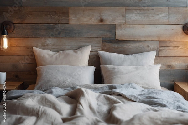 Fototapeta Cozy bedroom scene featuring two soft pillows on a neatly made bed with a textured blanket, wooden wall backdrop, and warm lighting creating a serene atmosphere for relaxation
