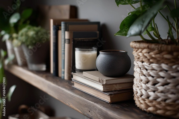 Fototapeta Cozy interior shelf featuring stacked books, a decorative candle, a textured vase, and a woven basket, surrounded by lush green plants, creating a warm and inviting atmosphere