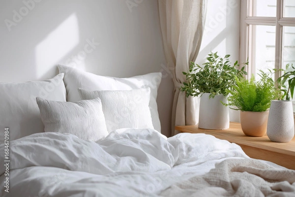 Fototapeta Cozy bedroom scene featuring soft white bedding, decorative pillows, and lush green plants on a wooden bedside table, creating a serene and inviting atmosphere for relaxation