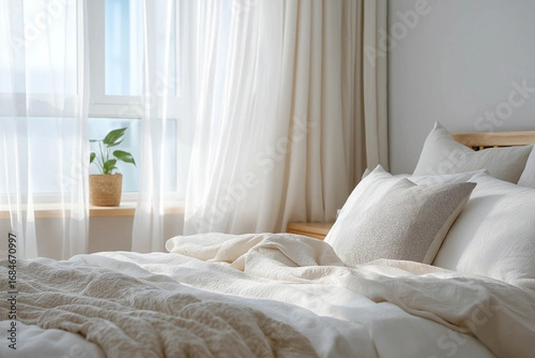 Fototapeta Cozy bedroom interior featuring soft bedding, plush pillows, and natural light streaming through sheer curtains, creating a serene and inviting atmosphere for relaxation and comfort