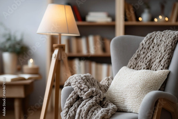 Fototapeta Cozy living room scene featuring a comfortable armchair adorned with a knitted blanket and decorative pillow, illuminated by a stylish floor lamp, creating a warm atmosphere for relaxation