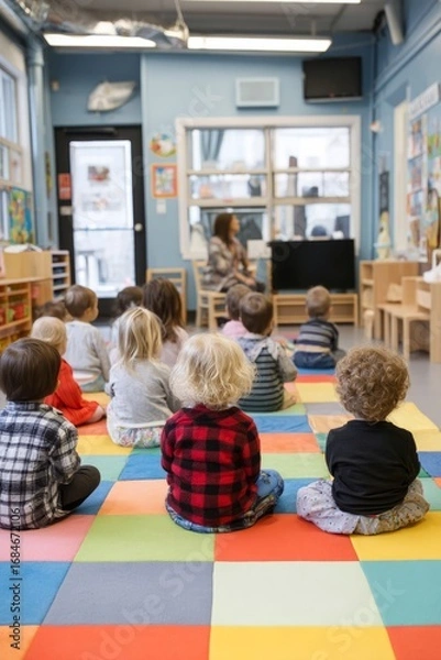 Fototapeta A daycare center where toddlers sit on colorful mats listening to a short story. The mood feels playful and innocent, Generative AI