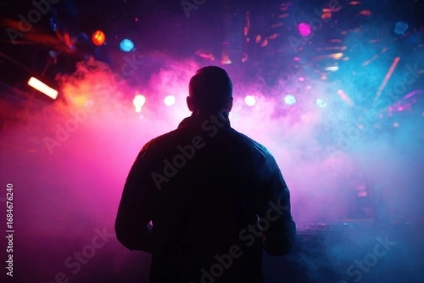 Fototapeta Silhouette of a DJ performing at a vibrant nightclub surrounded by dynamic lights and colorful fog during an electrifying dance party