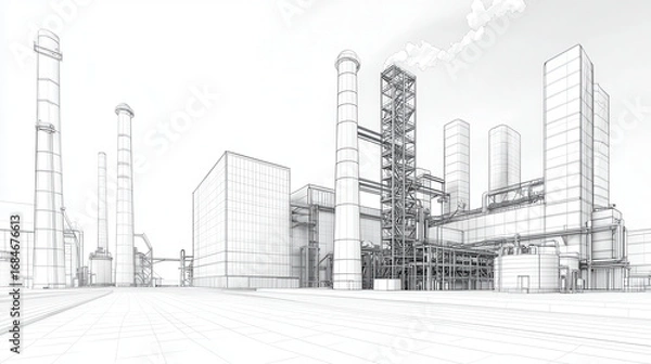 Fototapeta Minimalistic line drawing of industrial complex featuring tall smokestacks, large buildings, and intricate structures, conveying sense of scale