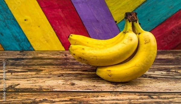 Fototapeta Bunch of ripe bananas on rustic wooden table, vibrant colorful background