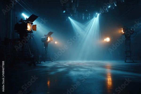 Fototapeta Cinematic stage lights illuminate a dramatic theater setup in a studio with fog and vibrant beams at evening hours