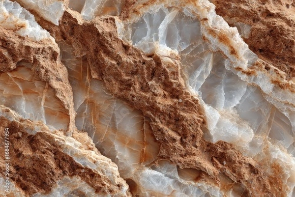 Fototapeta Close-up view of a stone surface with layered, veined patterns of light and dark colors