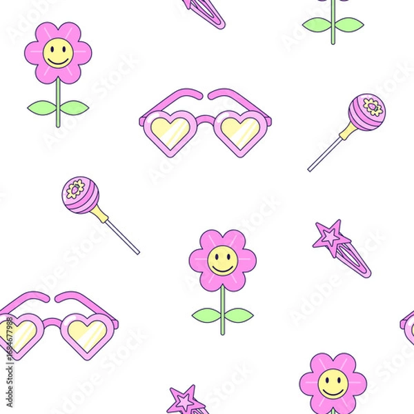 Fototapeta Seamless pattern with vintage flower and heart shaped sunglasses in style of 90s. Multicolored elements on white background. Retro illustration with outline in 90s style. Vector illustration.
