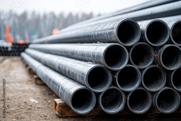 Fototapeta Steel pipes stacked at a construction site ready for use in various projects throughout the city during early morning hours
